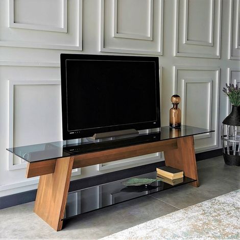 TV-Möbel Koralle Walnuss Schwarz Glas 158x45x40 cm