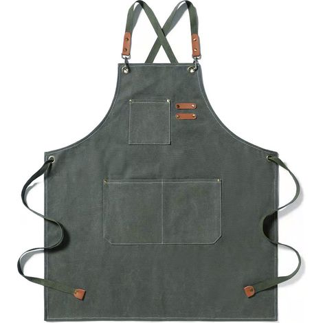 Grembiule da lavoro con tasche frontali, in tela versatile, ideale per cucina, giardino, parrucchiere, colore verde grigiastro. (1/5)