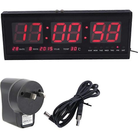 Réveil numérique LED grand format, minuteur, calendrier, thermomètre, écran extra-large, fixation murale, rouge. (1/4)
