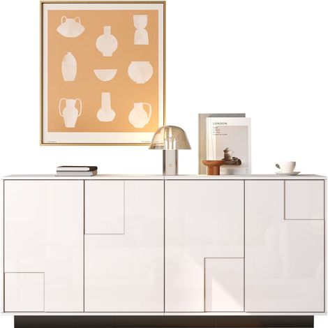 Buffet et enfilade-4 portes brillant blanc et noir-Géométrique rangement-160x37x75,5cm (1/5)