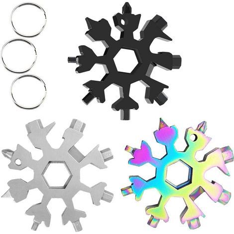 18-in-1 Schneeflocken-Multitool, 3-teiliges Schneeflocken-Schraubenschlüsselset aus Edelstahl, für Reisen, Camping, Abenteuer, tragbares Multifunktions-Miniwerkzeug, Weihnachtsgeschenk (1/5)