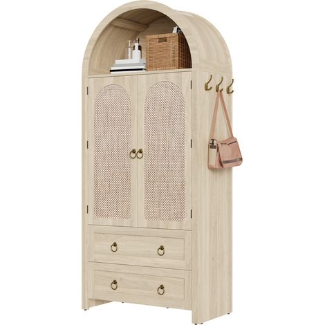 Meuble de rangement en rotin tressé, design arrondi – 2 tiroirs spacieux – Buffet vintage pour salon ou chambre – Décoratif et fonctionnel Couleur chêne (1/5)