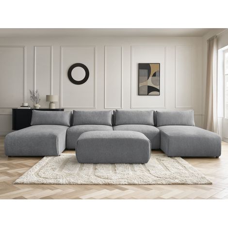 BOBOCHIC - Canapé panoramique fixe modulable avec têtières JANA tissu texturé avec 2 méridiennes, 2 chauffeuses et 1 petit pouf   Gris foncé