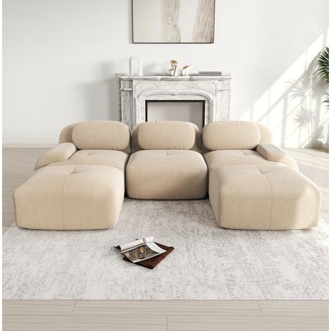 Canapé d’angle modular aus Cordstoff Beige, rahmenlos, montagefrei, mit rutschfester Unterseite (1/5)