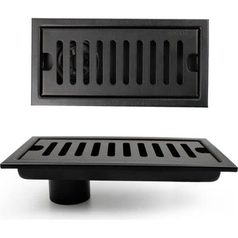 Siphon de sol rectangulaire avec piège à odeurs, caniveau de douche 20 × 10 cm avec clapet anti-retour, siphon de sol vertical noir avec grille en acier inoxydable, convient pour toilettes, cuisine, (1/5)