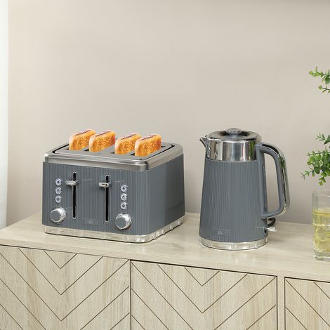 2200W, 1,7L Wasserkocher mit Schnellkochfunktion, Kalkfilter und 4-Scheiben-Toaster mit 7 Bräunungsstufen, Grau