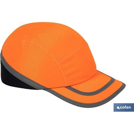 Gorra de seguridad naranja flúor, fabricada en ABS, diseñada para impactos bajos. (1/4)