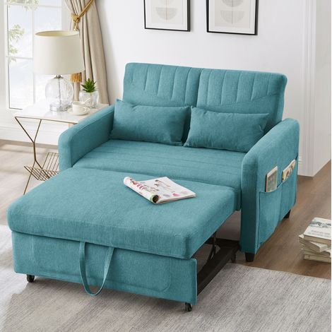 Divano letto a 2 posti, schienale reclinabile a 3 posizioni, tessuto cotone e lino, blu verde antico (1/5)