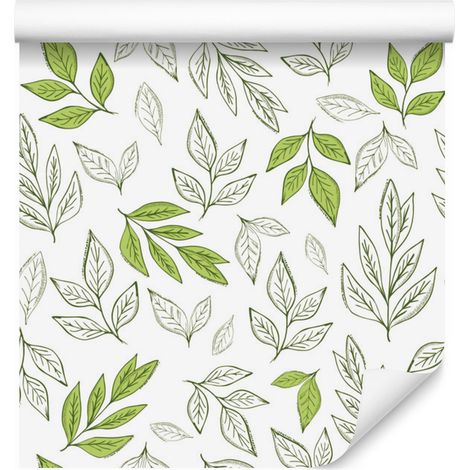 Papel pintado con diseño de hojas dibujadas para salón y dormitorio, 50x1000 cm. (1/5)