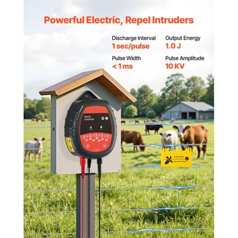 Électrificateur de clôture 10kV 1J, energiseur secteur pile solaire LED, portée 3km, anti-intrusion ours renards volailles bétail (1/5)