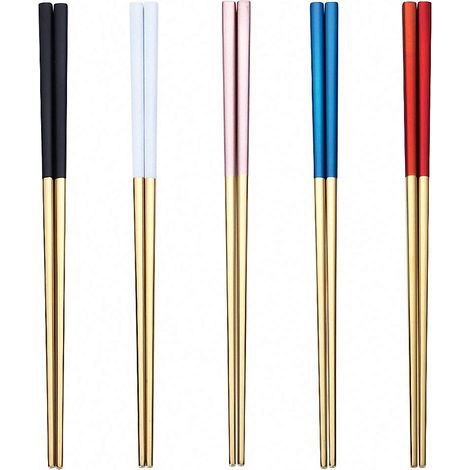Lot de 5 paires de baguettes en acier inoxydable de 23 cm, sans peinture, sans cire, style classique chinois pour cuisine, salle à manger, nouilles gourmandes (1/5)