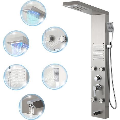 Randaco Colonne de douche hydromassante LED argentée, 5 jets, inox 304 (1/5)