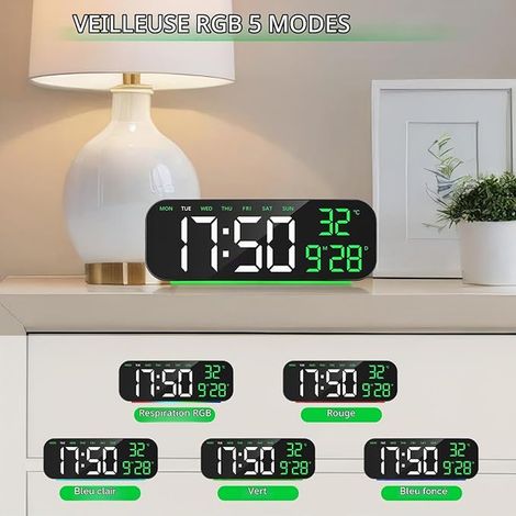 Reveil Numerique, Horloge Écran LED 10", Chiffres Verts (1/4)