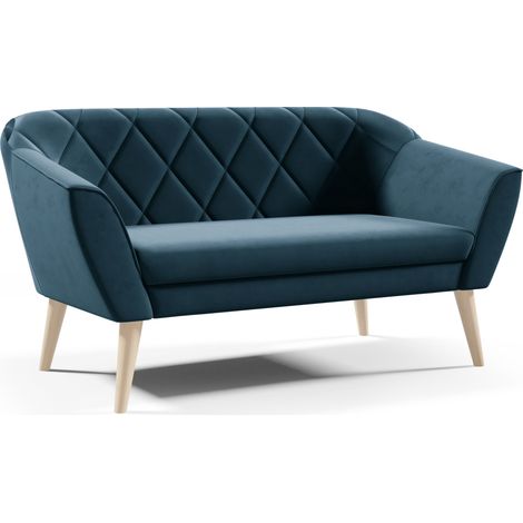 Sofello Sofa 2 Sitzer -- MEA -- Blau Sitzbank Samt Holzfüße Schnelle Lieferung skandinavischer Stil - schöne Steppung (1/5)