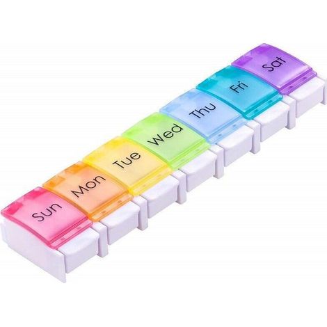 Caja de almacenamiento portátil para 7 días, caja de almacenamiento portátil con 7 paneles arcoíris, caja de almacenamiento portátil fácil de abrir (arcoíris en inglés). (1/4)