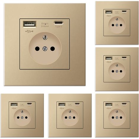 6-hole wall socket with USB and Type-C ports, 5V 2.1A, compliant with European USB standards. (1/5)