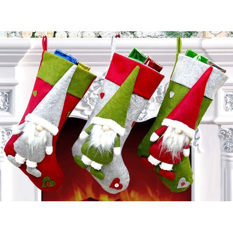 Calcetín De Navidad - 49 X 23 Cm - Tejido No Tejido - Rojo Verde Gris - Para Relleno Y Decoración - Set De 3 Unidades (1/5)