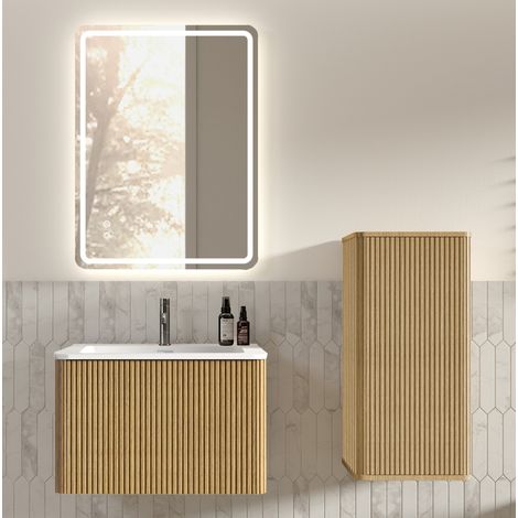 Conjunto de mueble de baño moderno con espejo LED, lavabo, armario auxiliar, efecto roble y blanco mate (1/5)