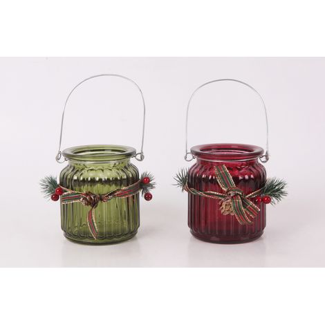Windlicht mit Weihnachtsschmuck Glas Ø 8 x 9 cm rot grün 2-fach sortiert Dekoartikel