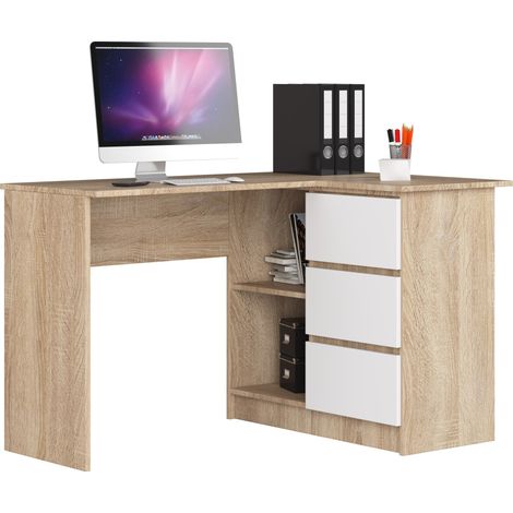 Scrivania angolare AKORD B16 Sonoma Quercia 124 cm 3 cassetti inserto frontale Bianco 124x85x77 cm Modello a destra