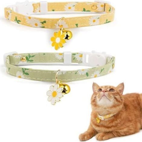 Lot de 2 Colliers de Chat en Coton avec Cloche, Pendentif Fleurs Jaunes et Vertes Collier de Chat Mignon Collier de Chaton (1/4)