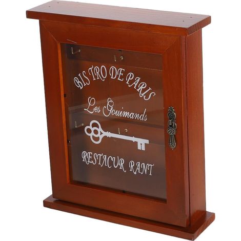 Boîte à Clés Murale 1 Pièce Marron Vintage en Bois et Verre Entrée de Maison, Rangement Intérieur pour Clés et Petits Objets, Style Rétro Chic (1/5)