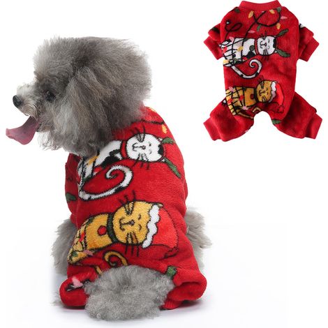 1 pièce Tenue de Noël pour chien et chat, pyjama hivernal en polaire, pull festif rouge, costume adapté aux petits chiens mâles et femelles (1/5)