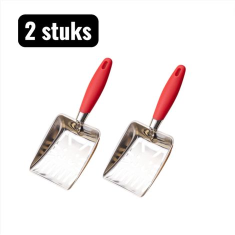 Lot de 2 pelles à litière pour chat - Acier inoxydable (inox) - Outil de nettoyage - Accessoires pour animaux - Manche antidérapant en PP - Motif hibou - Trou de 5 mm - Rouge (1/5)
