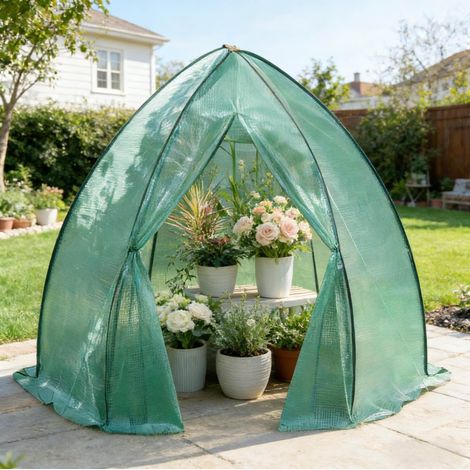Serra da giardino 240x200x240 cm, struttura conica, porta con zip e rete, PE e acciaio, verde (1/5)