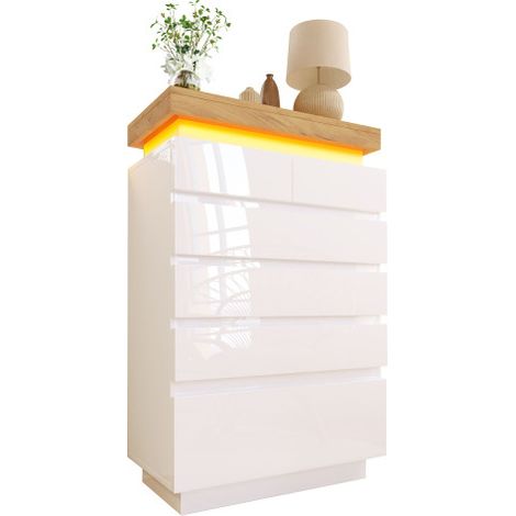 Buffet/meuble de rangement à 6 tiroirs avec finition brillante et éclairage LED contrôlable via application  style polyvalent adapté au salon ou à la chambre  finition blanche. (1/5)
