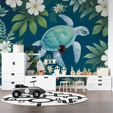 Papier Peint Tropical - Tortue et Fleurs du Pacifique - 150 x 250 cm (1/2)