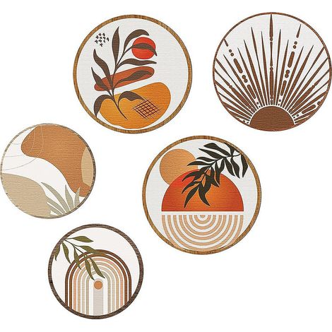 Decoración de pared de estilo bohemio, juego de 5 placas redondas de madera para casas de huéspedes, crea un ambiente acogedor. (1/4)