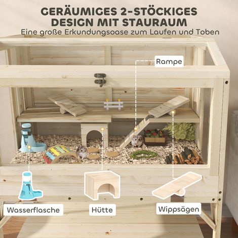 Cage à rongeur 2 étages, petit habitat avec espace de rangement, accessoires inclus, 84 x 53 x 110 cm, bois naturel (1/4)