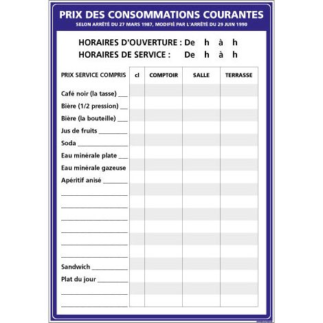 Affichage obligatoire Prix des Consommations Courantes – Panneau 210 x 300 mm adhésif (G1305) (1/4)