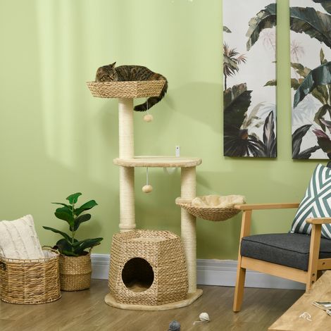 Arbre à chat avec griffoir intégré, poteau d'escalade, 119 cm de haut, poteaux renforcés, hamac et 2 balles suspendues (1/5)