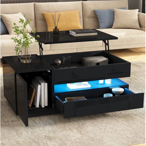 Table basse relevable 95x50x40 cm noire en panneau de particules avec LED et rangement (1/5)
