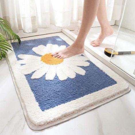 (Bleu)Tapis de Bain Antidérapant Lavable Coussinets Paillassons Tapis de Douche Tapis de Baignoire avec Motif de Marguerite 80x50 CM (1/3)