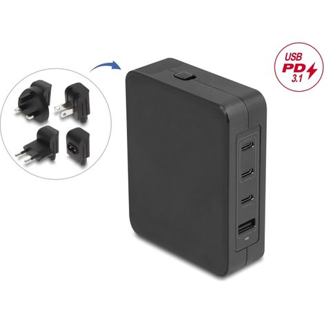 Delock Cargador USB GaN 3 x USB Type-C⢠PD 3.1 y 1 x USB Tipo-A con 145 W