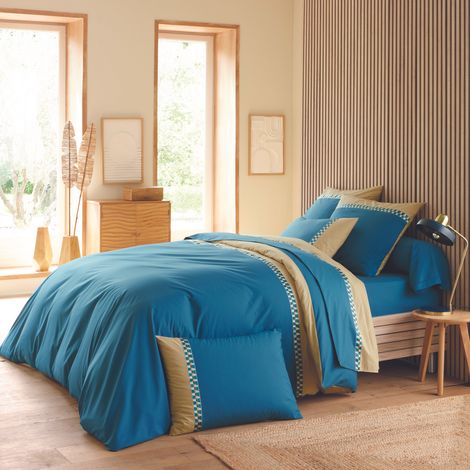 Housse de couette percale de coton géométrique Bleu 140x200 cm