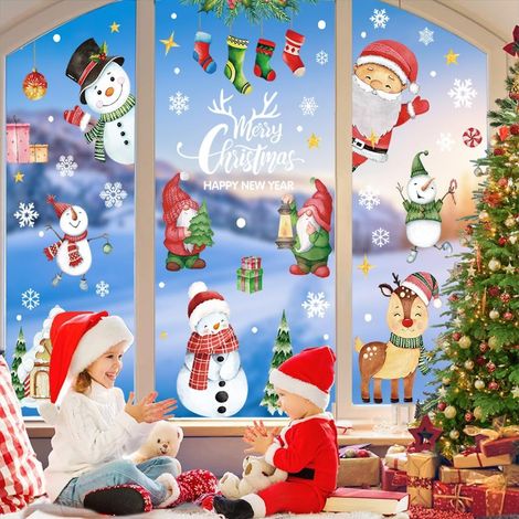Stickers Decoration Noel Fenetre Aquarelle, 10 Feuilles Autocollant Noel Fenetre Réutilisables, Double Face Electrostatique Stickers Vitre pour Decoration Noel Interieur Maison (1/5)