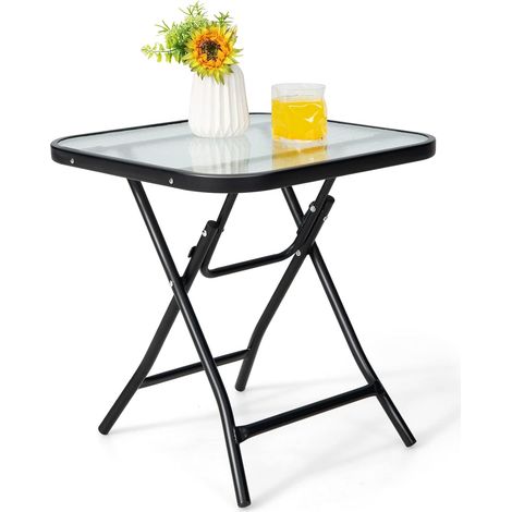 Costway – Table de jardin pliante en acier avec plateau en verre trempé – Dimensions 46,5x46,5x47,5cm – Charge 25kg – Pour intérieur et extérieur (1/5)