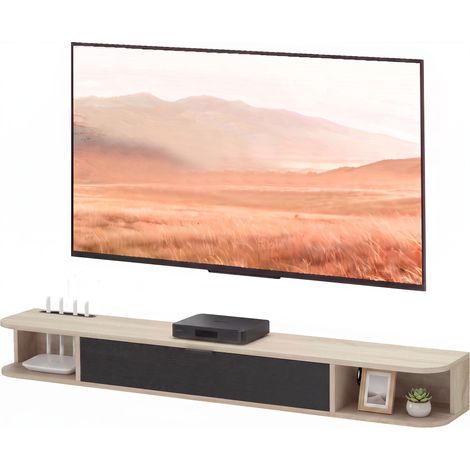 Meuble TV suspendu, meuble télé pour téléviseur jusqu'à 60 pouces, tiroir rabattable 2 étagères 140x24x16cm bois naturel (1/5)