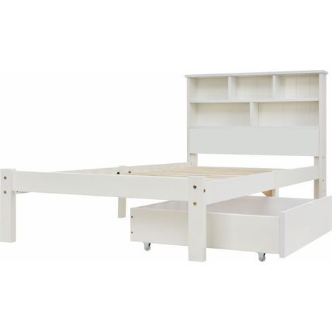 Lit simple en bois massif avec tiroirs, sommier à lattes et étagère à livres pour adolescents, adultes et enfants, 90x200cm, blanc (1/5)