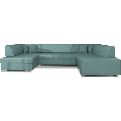 Canapé panoramique convertible HOUSTON en velours avec coffre de rangement à gauche-Vert clair-Coffre à gauche (1/5)