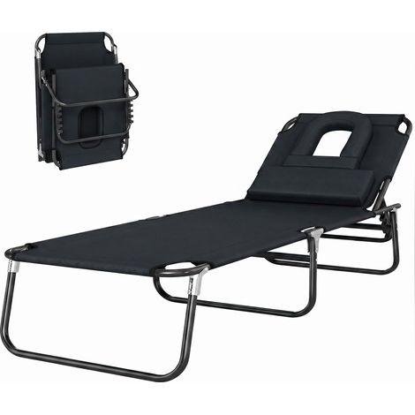 Chaise de plage pliante inclinable avec trou de lecture, chaise longue pliante, chaise de jardin, Noire (1/5)