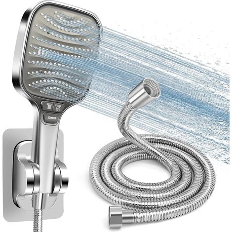 Kit Douche Pression, Pommeau de Douche Anti-Calcaire 120mm 8 Modes + Tuyau 1.5m Inox + Support Perçage, Douchette Économie d'Eau, Salle de Bain(Argent)