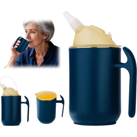 Gobelet Anti-Fuite 3 En 1 - 1 Pièce - Acier Inoxydable 304 - Bec Verseur Et Paille - Pour Personnes Âgées Et Patients - 400 Ml Bleu Foncé (1/5)