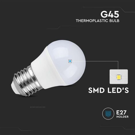 Bombilla LED V-TAC, casquillo E27, 4,5 W, G45, blanco cálido, plástico (1/5)