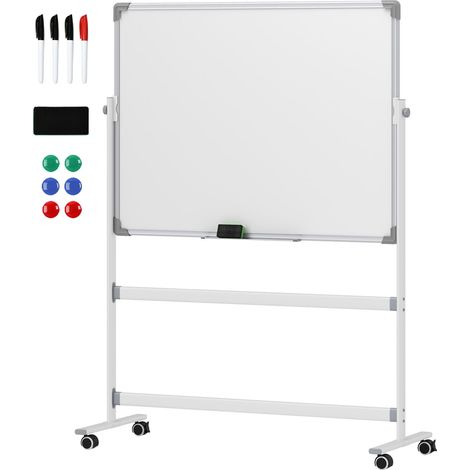 Pizarra Blanca Magnética 120 x 90 cm Pizarra Magnética de Doble Cara con Soporte, Ruedas, 6 Rotuladores y 1 Esponja Borradora, Giratoria 360°, Pizarra Magnética Ajustable de 3 Niveles para Oficina, Ho (1/5)