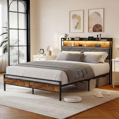 Lit 140x200 avec Sommier Métal,Cadre de lit 140x200 cm avec Lumières LED et Multiprise (2 Ports USB,1 Type-C),Lit 2 Personne avec Tête de lit Rembourrée et Étagères,Lin gris,(sans Matelas (1/5)